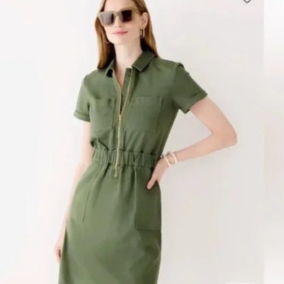 J. Crew-Women's Size 0 Utility Green Short Sleeve Zip-Front Chino Dress - NWT - Picture 1 of 5